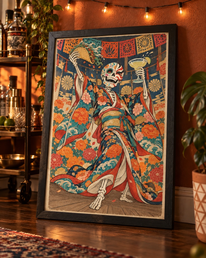 踊る花柄着物のシュガースカル｜ディア・デ・ロス・ムエルトス×浮世絵フュージョン｜歌麿スタイル高解像度印刷用データ