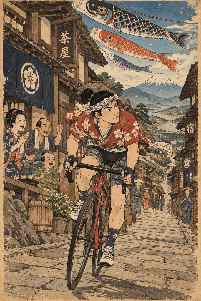 鯉のぼり舞う坂道の疾走|浮世絵風デジタルアート|歌麿スタイル宿場町サイクリスト|高解像度印刷用データ