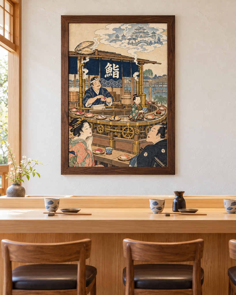 浮世絵×スチームパンク回転寿司|歯車と真鍮のパイプで動く江戸の寿司屋(歌麿風)|蛤の蜃気楼とからくり人形|寿司好き・飲食店の壁に|高解像度印刷用データ