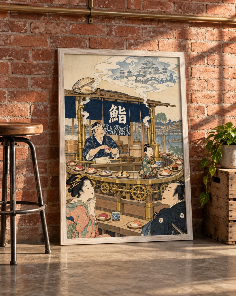 浮世絵×スチームパンク回転寿司|歯車と真鍮のパイプで動く江戸の寿司屋(歌麿風)|蛤の蜃気楼とからくり人形|寿司好き・飲食店の壁に|高解像度印刷用データ