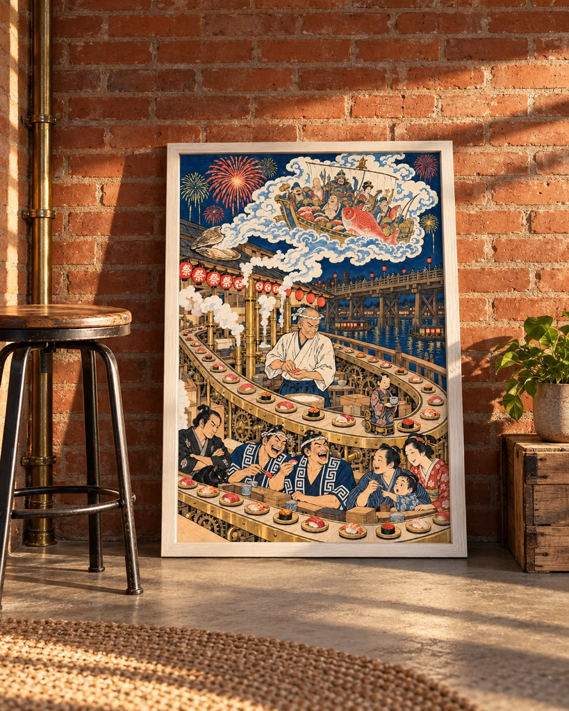 浮世絵×スチームパンク回転寿司|両国橋の花火と宝船の蜃気楼(国芳風)|火消し・浪人・黒猫が集う江戸の夜店|居酒屋・寿司店の壁に|高解像度印刷用データ