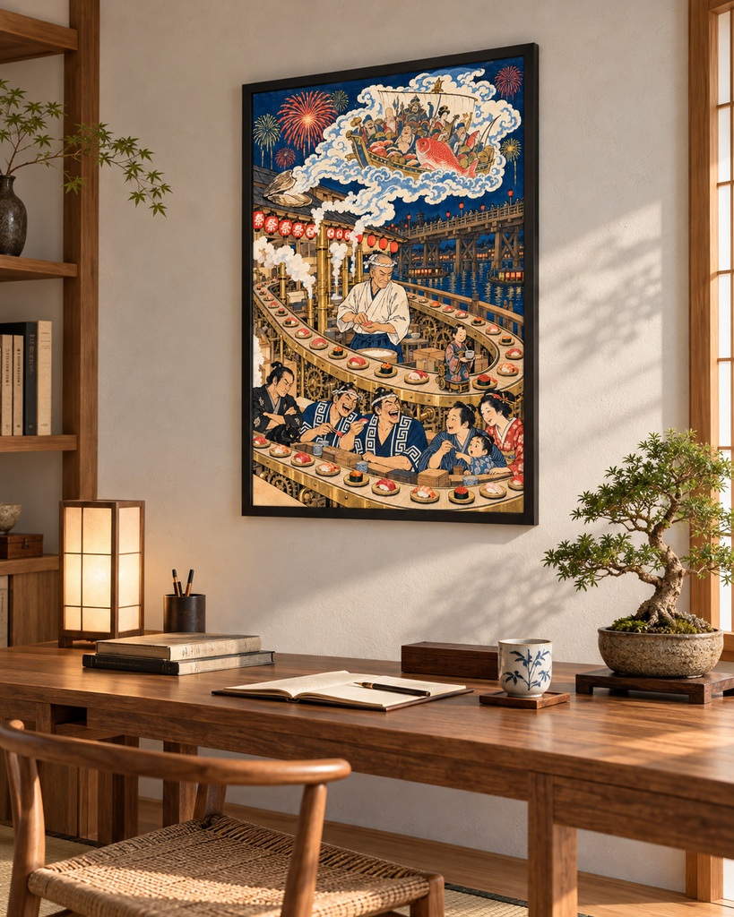 浮世絵×スチームパンク回転寿司｜両国橋の花火と宝船の蜃気楼（国芳風）｜火消し・浪人・黒猫が集う江戸の夜店｜居酒屋・寿司店の壁に｜高解像度印刷用データ