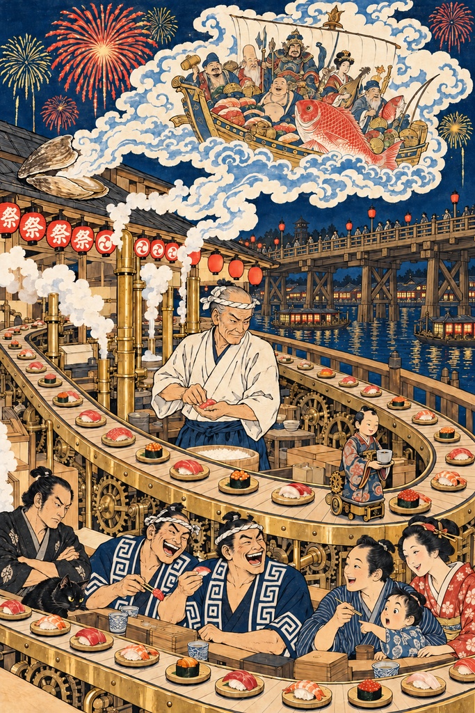 浮世絵×スチームパンク回転寿司|両国橋の花火と宝船の蜃気楼(国芳風)|火消し・浪人・黒猫が集う江戸の夜店|居酒屋・寿司店の壁に|高解像度印刷用データ