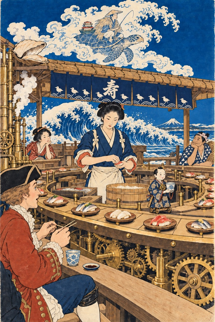浮世絵×スチームパンク回転寿司|大波と富士を望む海辺の茶屋(北斎風)|出島のオランダ商人と浦島太郎の蜃気楼|寿司好き・北斎好きに|高解像度印刷用データ
