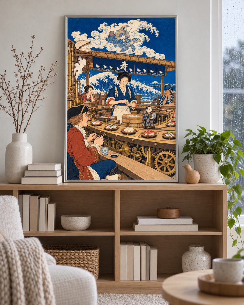 浮世絵×スチームパンク回転寿司｜大波と富士を望む海辺の茶屋（北斎風）｜出島のオランダ商人と浦島太郎の蜃気楼｜寿司好き・北斎好きに｜高解像度印刷用データ