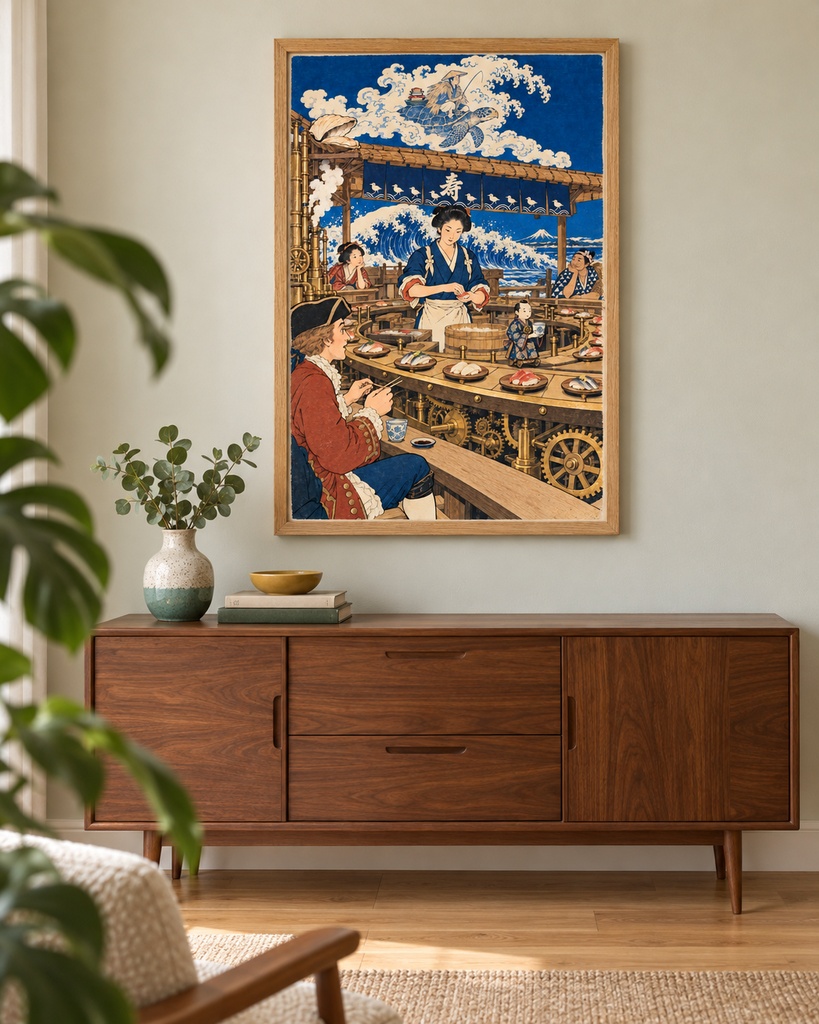 浮世絵×スチームパンク回転寿司|大波と富士を望む海辺の茶屋(北斎風)|出島のオランダ商人と浦島太郎の蜃気楼|寿司好き・北斎好きに|高解像度印刷用データ