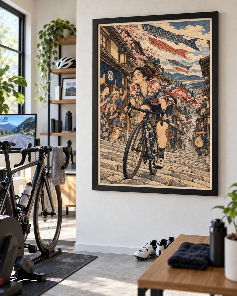 浮世絵×ロードバイク|鯉のぼりと桜舞う石畳の宿場町を駆け上がる(北斎風)|自転車好き・北斎好きに|高解像度印刷用データ