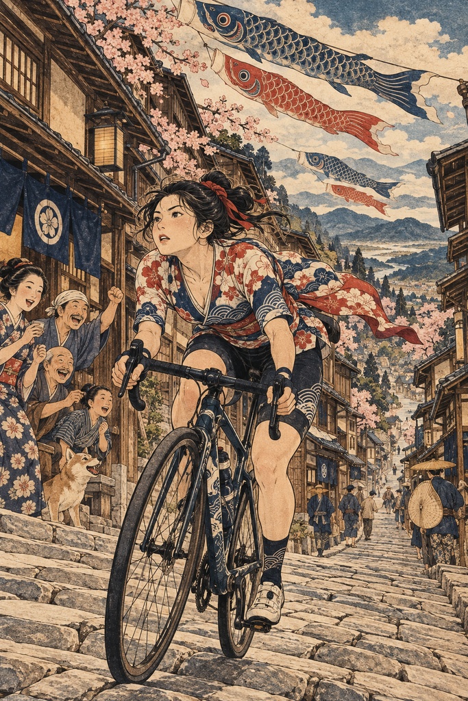 浮世絵×ロードバイク｜鯉のぼりと桜舞う石畳の宿場町を駆け上がる（北斎風）｜自転車好き・北斎好きに｜高解像度印刷用データ