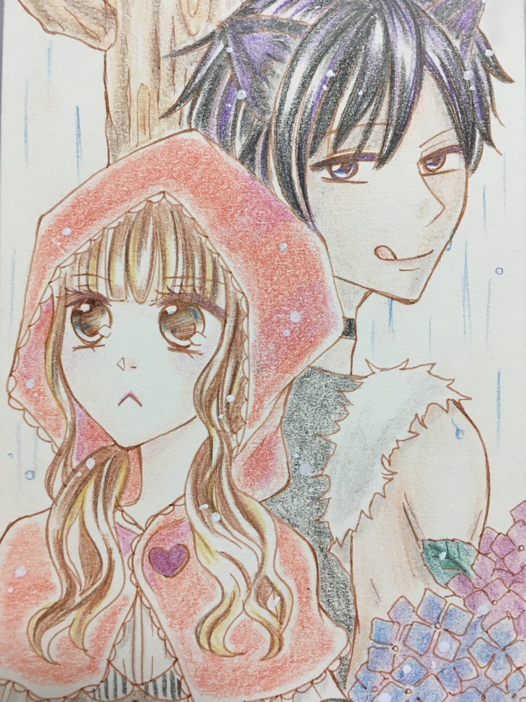 手描きイラスト　原画　狼と赤ずきん