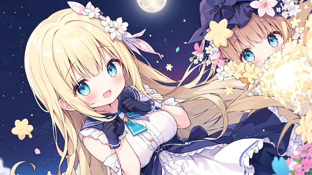 月夜のお花と2つの光
