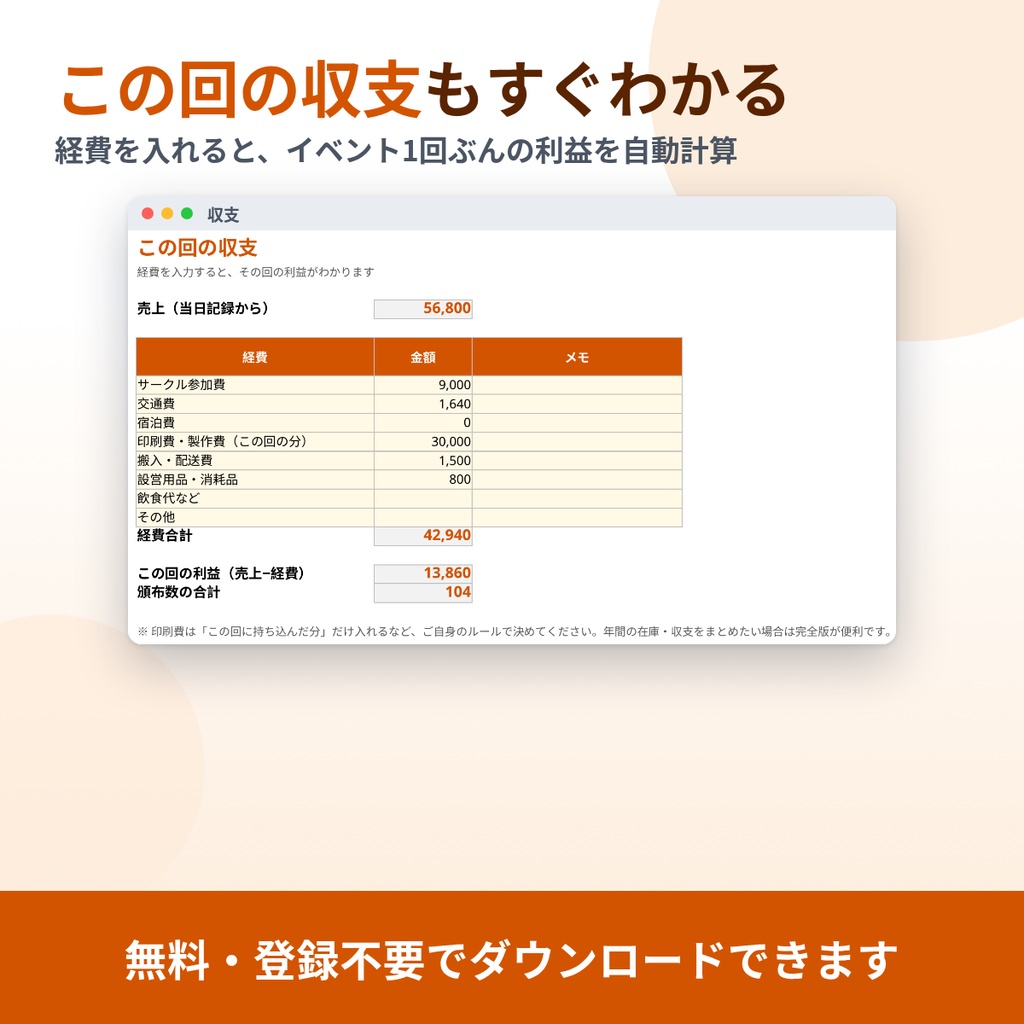 【無料】同人イベント頒布記録シート|持込数と残数で頒布数・売上・現金の過不足を自動計算(Excel/スプレッドシート)