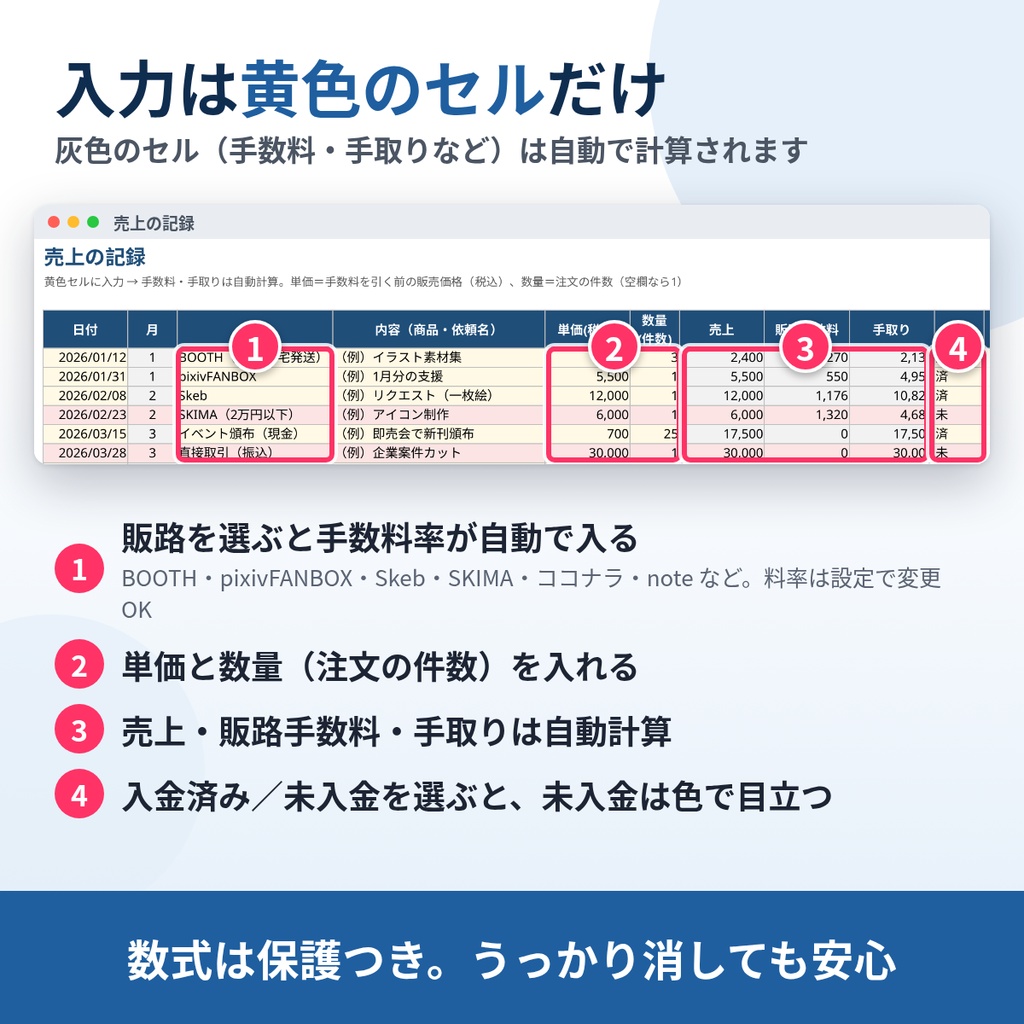 【Excel/スプレッドシート】クリエイター売上管理表|BOOTH・FANBOX・Skebの手数料と経費を自動集計(確定申告の準備に)