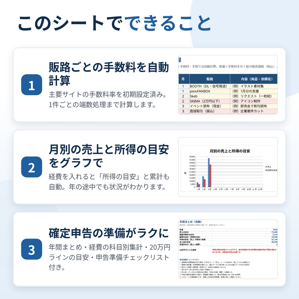 【Excel/スプレッドシート】クリエイター売上管理表|BOOTH・FANBOX・Skebの手数料と経費を自動集計(確定申告の準備に)