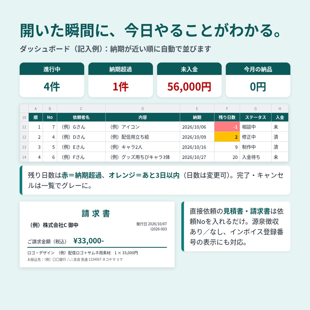 イラスト依頼(コミッション)管理シート|納期・入金・手取り・見積書/請求書(Excel/Googleスプレッドシート)