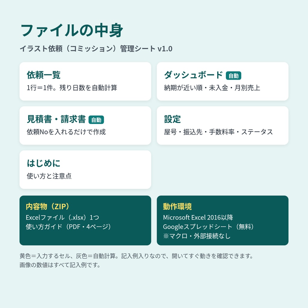 イラスト依頼(コミッション)管理シート|納期・入金・手取り・見積書/請求書(Excel/Googleスプレッドシート)