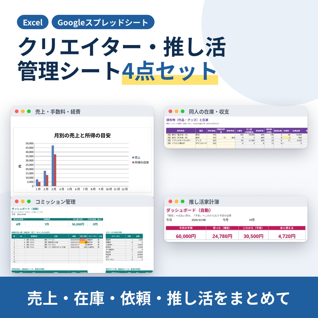 【4点セット】クリエイター・同人・推し活の管理表｜売上・在庫・コミッション・家計簿（Excel/スプレッドシート）