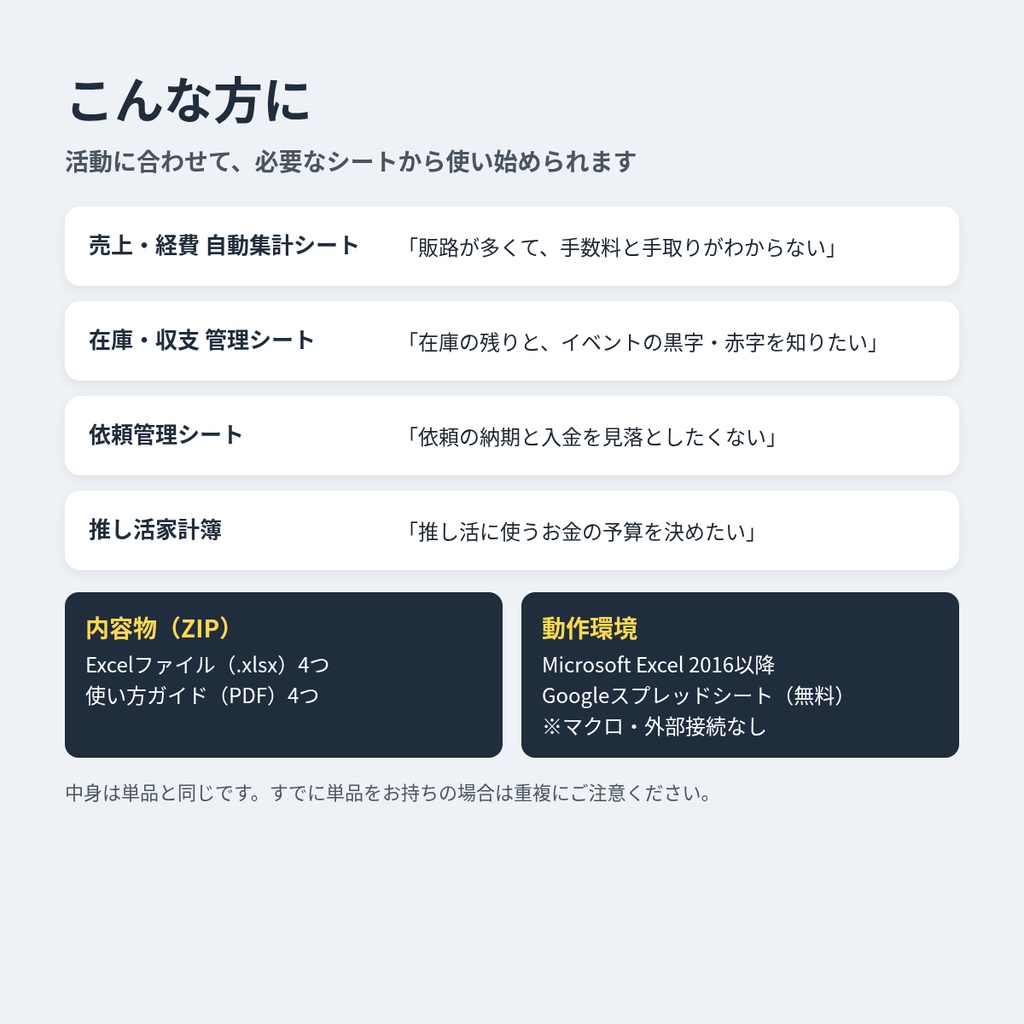 クリエイターのお金・作業管理シート 4点セット|売上集計・在庫収支・依頼管理・推し活家計簿(Excel/Googleスプレッドシート)