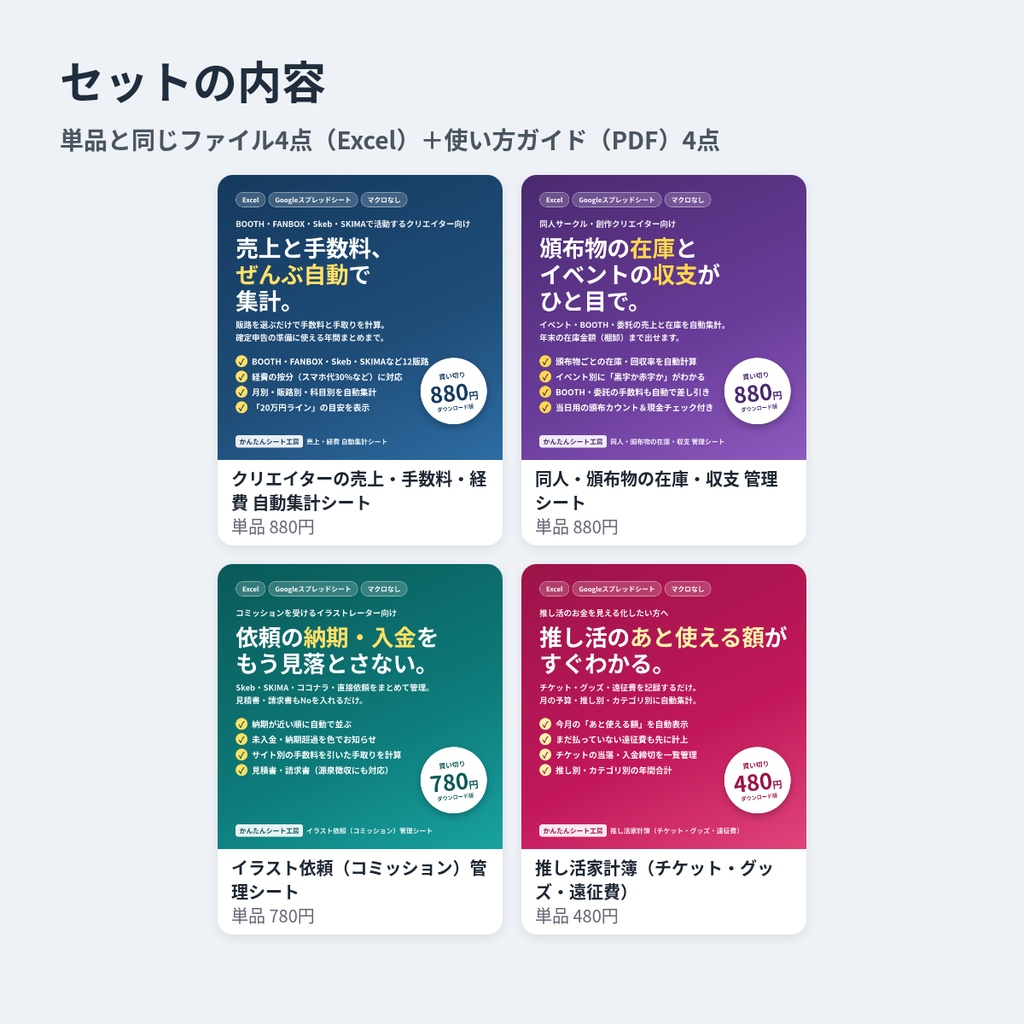 クリエイターのお金・作業管理シート 4点セット|売上集計・在庫収支・依頼管理・推し活家計簿(Excel/Googleスプレッドシート)