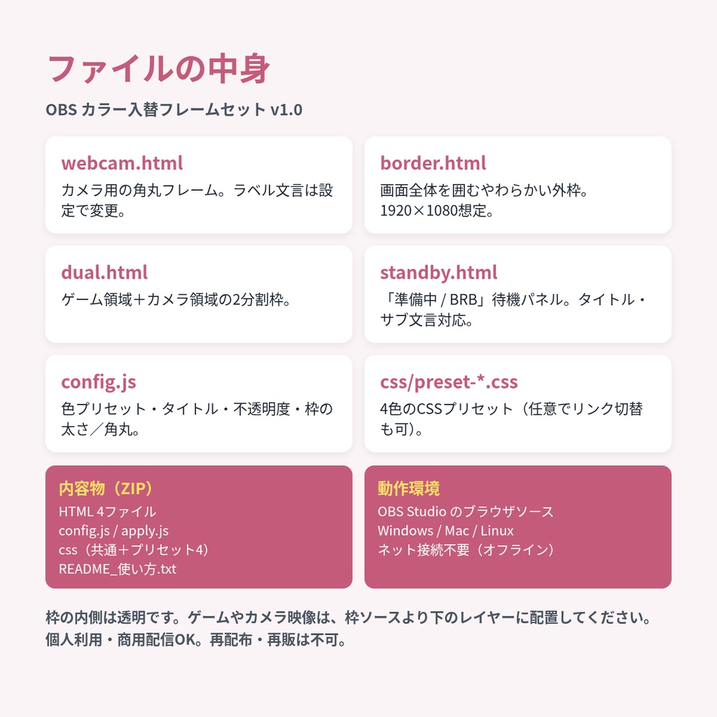 OBS カラー入替フレームセット|配信オーバーレイ HTML(カメラ枠・全画面・2分割・待機)