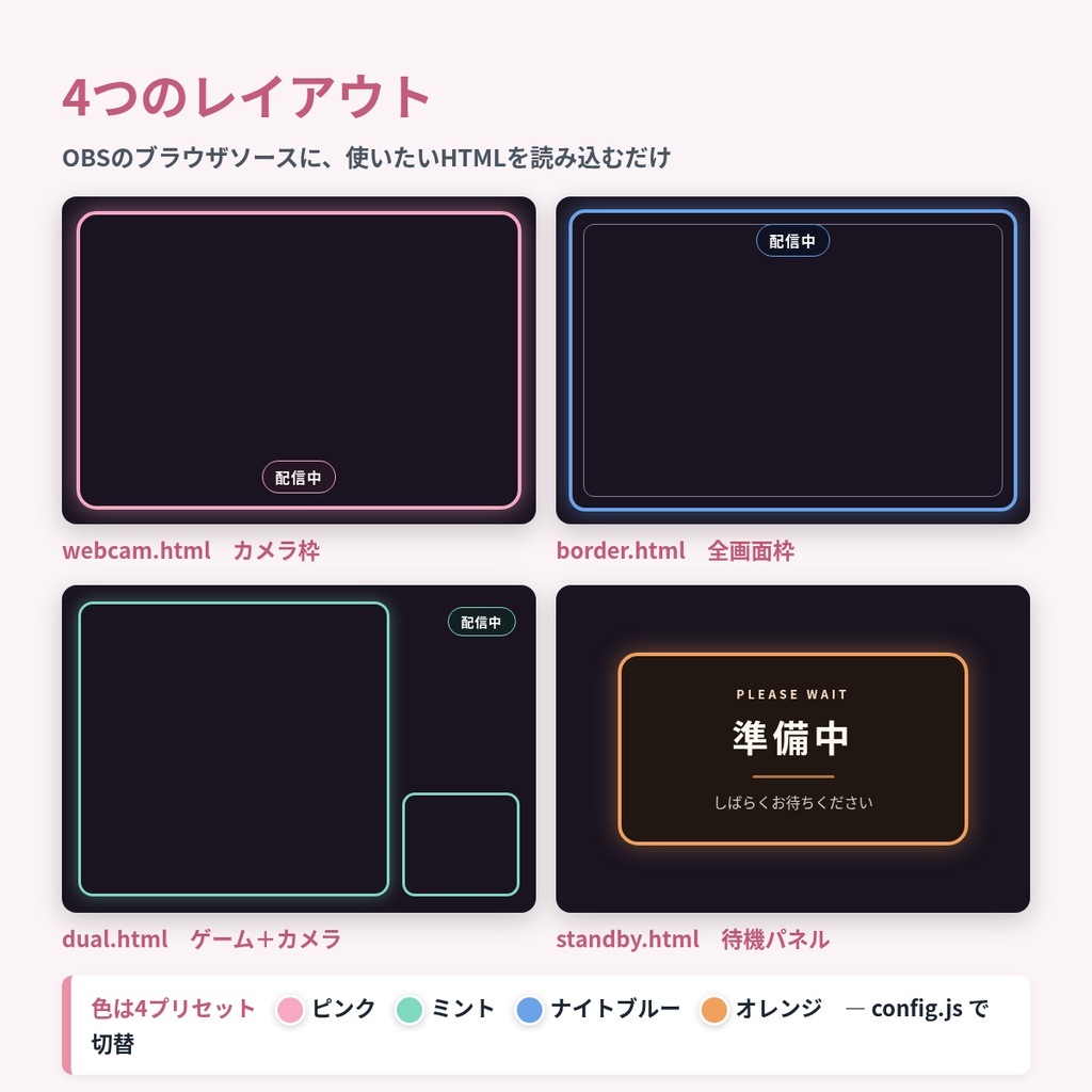 OBS カラー入替フレームセット|配信オーバーレイ HTML(カメラ枠・全画面・2分割・待機)