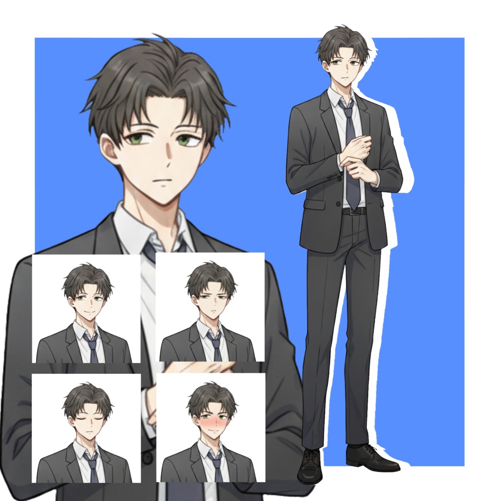 【立ち絵素材/無料版有】黒髪スーツ男性【表情5種】