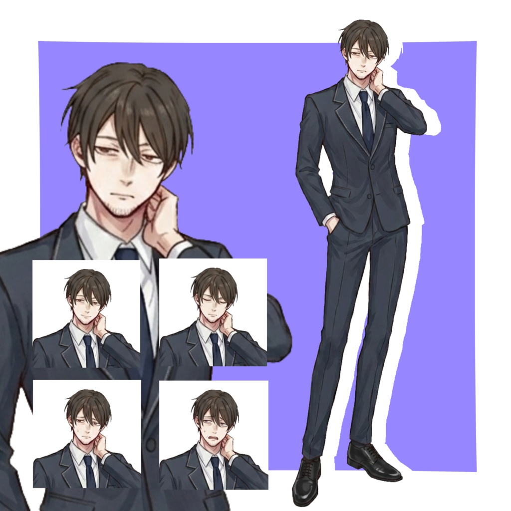 【立ち絵素材/無料版有】顎鬚黒髪スーツのおじさん【表情5種】