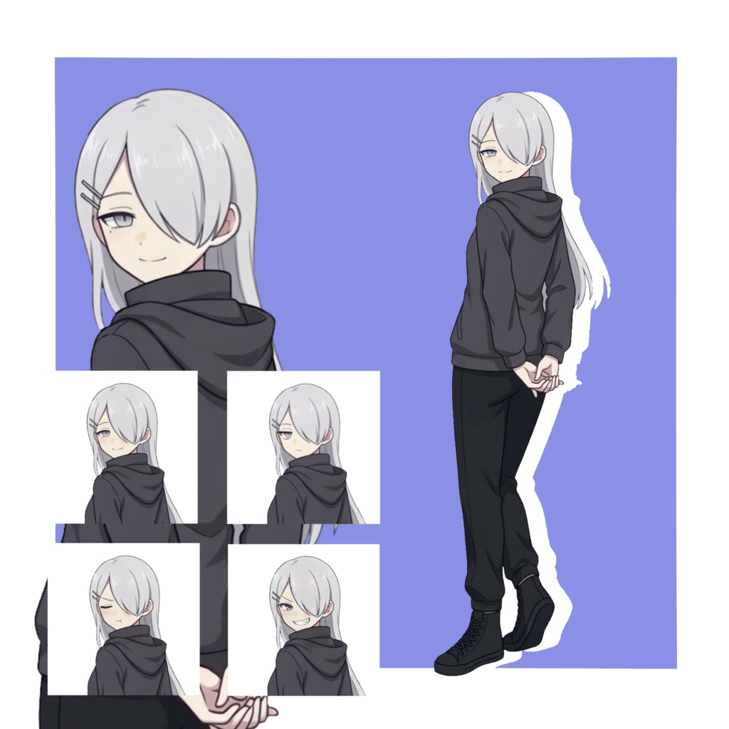 【立ち絵素材/無料版有】目隠れ白髪ロングの女性【表情5種】