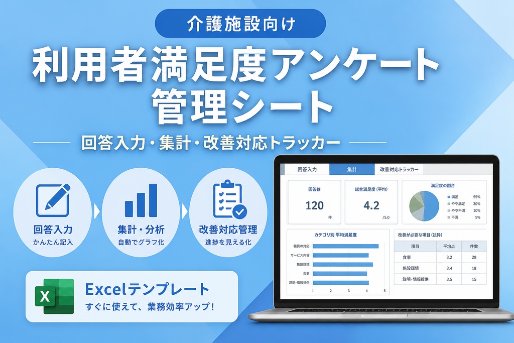 介護施設向け 利用者満足度アンケート管理シート｜回答入力・集計・改善対応トラッカー【Excelテンプレート】