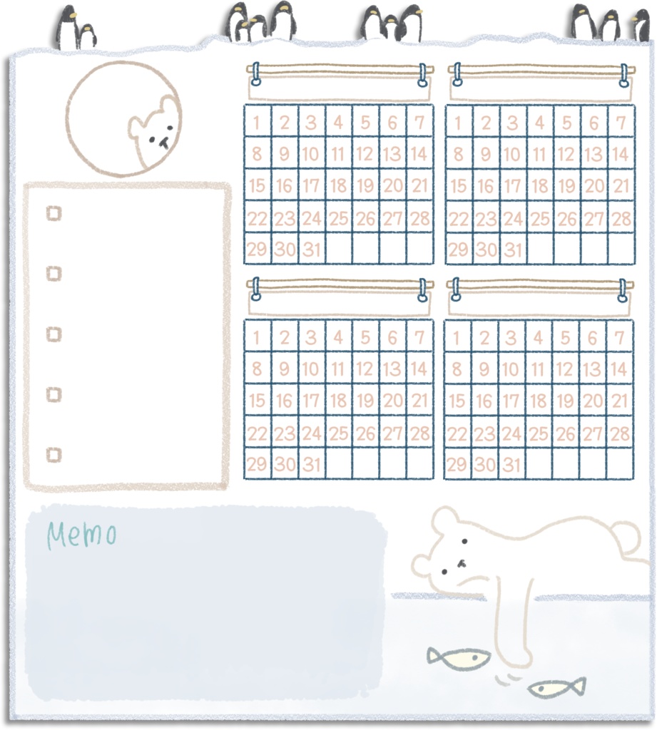 【デジタル手帳素材】ゆるくま(しろくま)ハビットトラッカーふせん