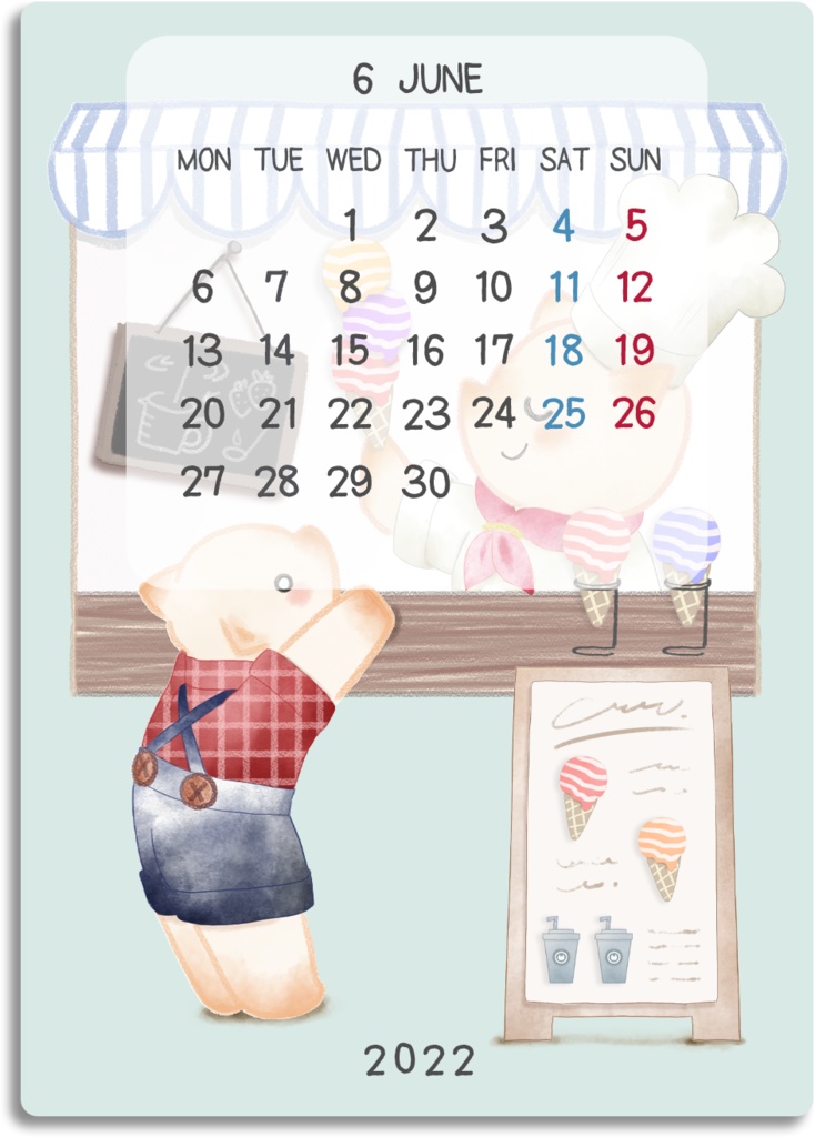 デジタル文具 2022年カレンダー(どうぶつ水彩風イラスト)ふせん