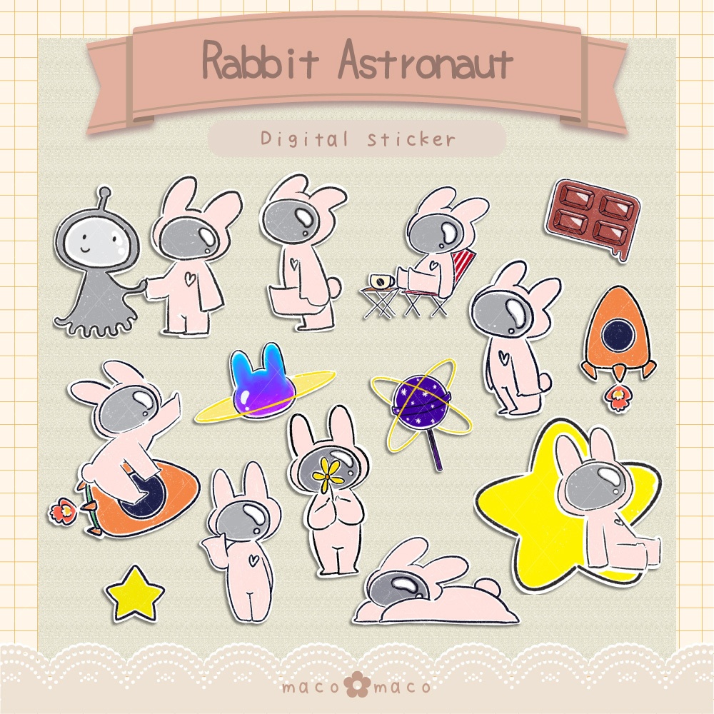 【デジタルプランナー用文具】ウサギの宇宙飛行士ステッカー