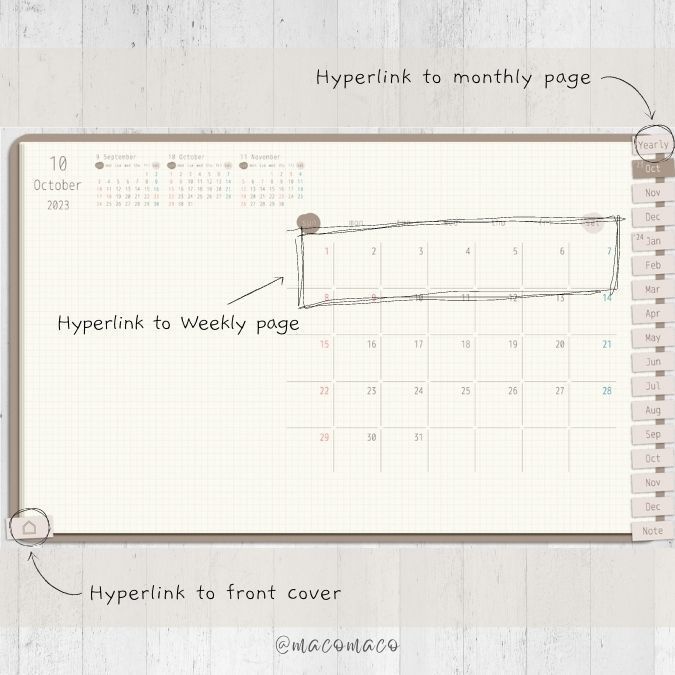 【日曜始まり】2024年デジタル手帳テンプレート"Cafétime" 10月始まり リンク付き(monthly&weekly+ノート)ipad goodnotes