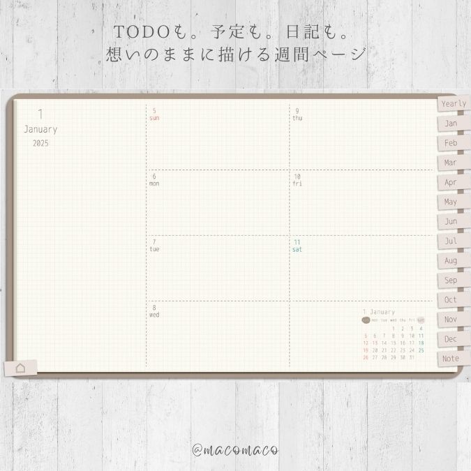 【日曜始まり】2024年デジタル手帳テンプレート"Cafétime" 10月始まり リンク付き(monthly&weekly+ノート)ipad goodnotes