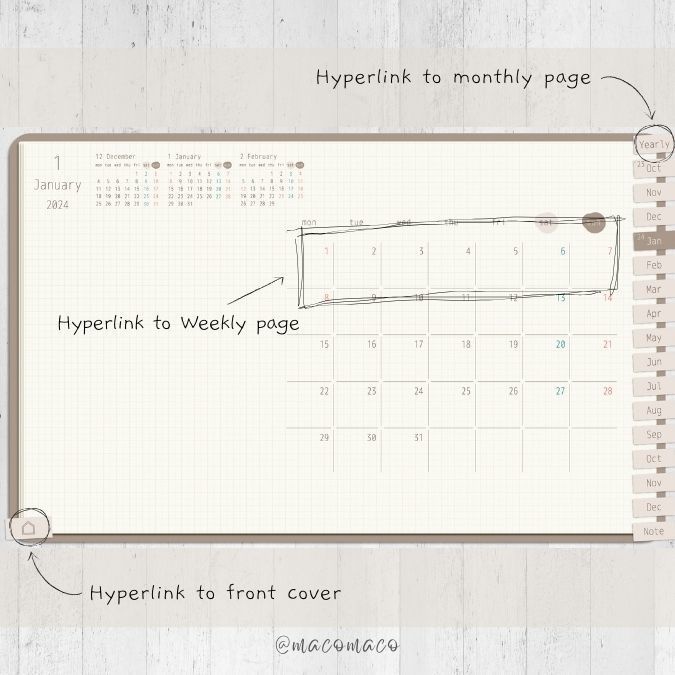 【月曜始まり】2024年デジタル手帳テンプレート"Cafétime" 10月始まり リンク付き(monthly&weekly+ノート)ipad goodnotes