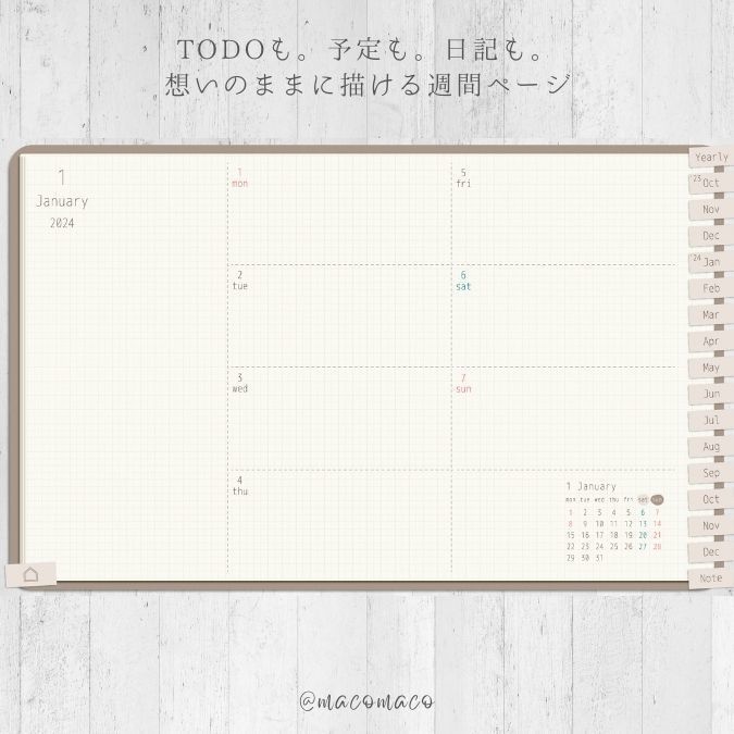 【月曜始まり】2024年デジタル手帳テンプレート"Cafétime" 10月始まり リンク付き(monthly&weekly+ノート)ipad goodnotes