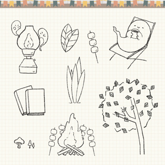 【イラスト素材】【デジタル手帳素材】「おばけと秋のキャンプ」はんこ風デジタルステッカー