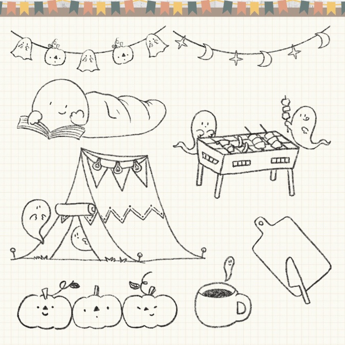 【イラスト素材】【デジタル手帳素材】「おばけと秋のキャンプ」はんこ風デジタルステッカー