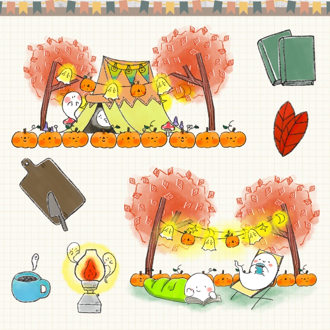 【イラスト素材】【デジタル手帳素材】「おばけと秋のキャンプ」デジタルステッカー