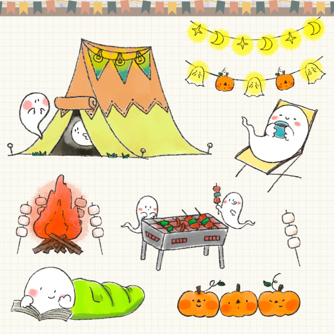【イラスト素材】【デジタル手帳素材】「おばけと秋のキャンプ」デジタルステッカー