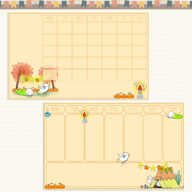 【デジタルプランナー 】【Goodnotesテンプレート】 「おばけと秋のキャンプ"」| 万年タイプ (日付空欄)月間・週間ページ ノート