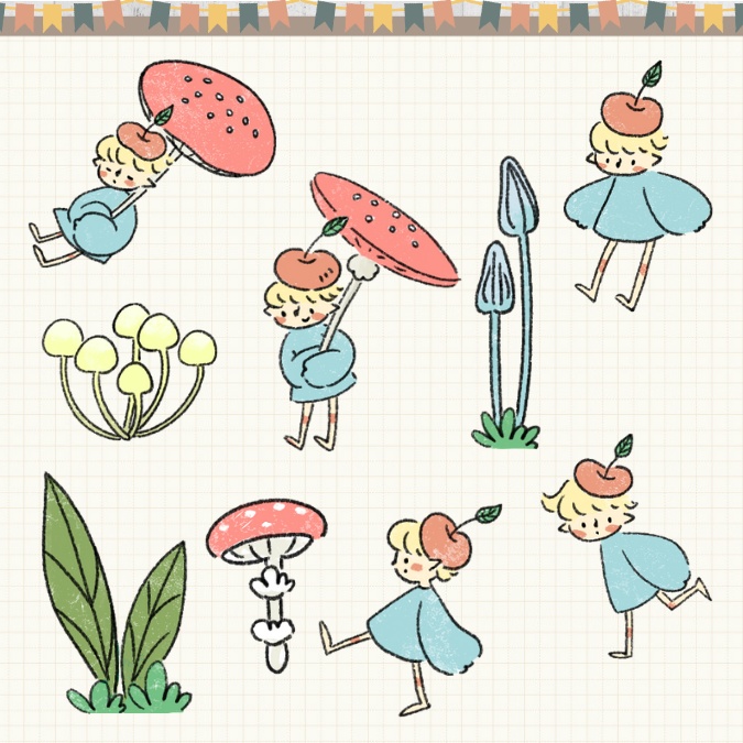 【イラスト素材】【デジタル手帳素材】きのこと小人とハリネズミのデジタルステッカー