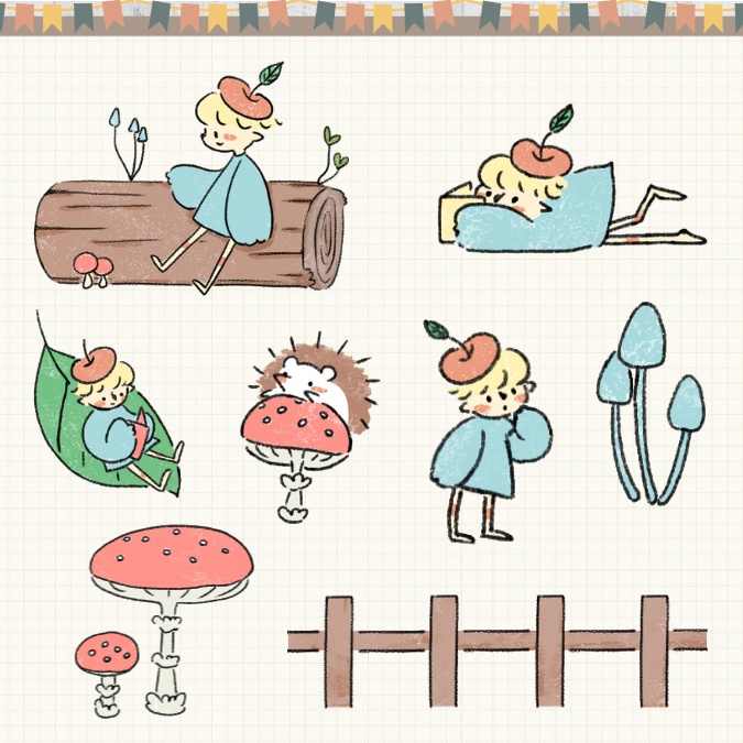 【イラスト素材】【デジタル手帳素材】きのこと小人とハリネズミのデジタルステッカー