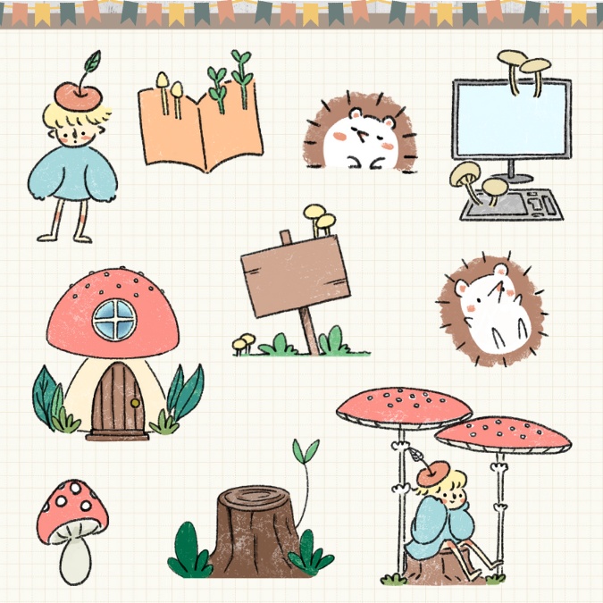 【イラスト素材】【デジタル手帳素材】きのこと小人とハリネズミのデジタルステッカー