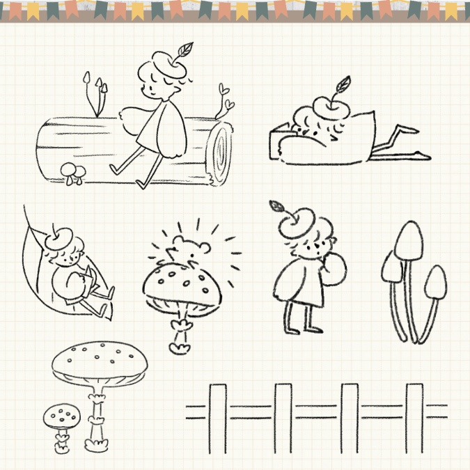 【イラスト素材】【デジタル手帳素材】きのこと小人とハリネズミのデジタルステッカー(モノクロ)