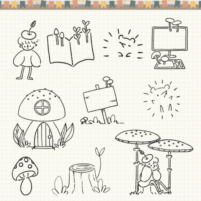 【イラスト素材】【デジタル手帳素材】きのこと小人とハリネズミのデジタルステッカー(モノクロ)