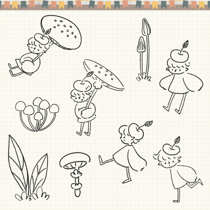 【イラスト素材】【デジタル手帳素材】きのこと小人とハリネズミのデジタルステッカー(モノクロ)