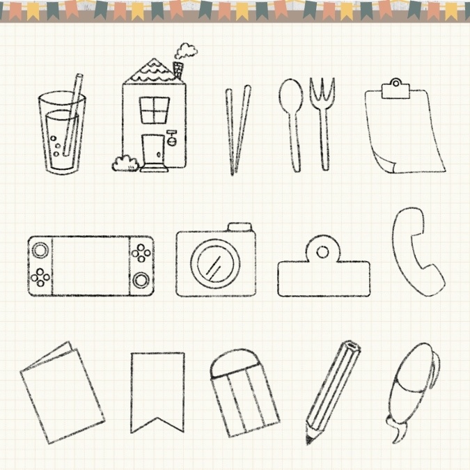 【イラスト素材】【デジタル手帳素材】素朴で日常的な優しいイラストのはんこ風デジタルステッカー(モノクロ)