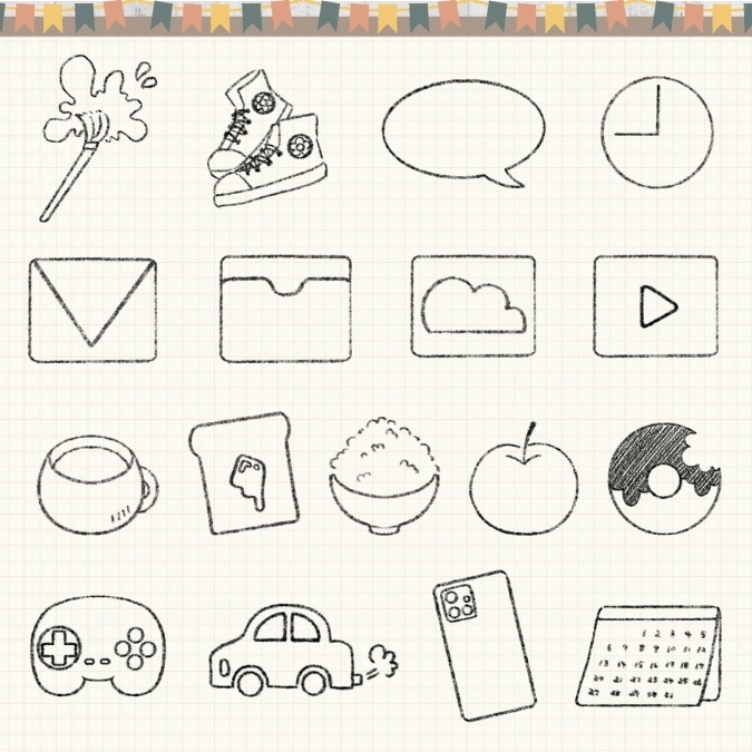 【イラスト素材】【デジタル手帳素材】素朴で日常的な優しいイラストのはんこ風デジタルステッカー(モノクロ)