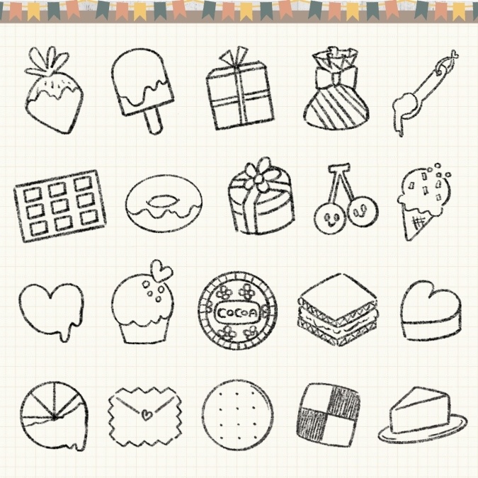 【イラスト素材】【デジタル手帳素材】素朴で可愛いお菓子なイラストのデジタルステッカー(モノクロ)