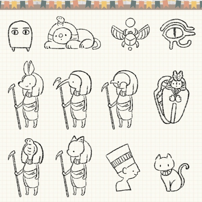 【イラスト素材】【デジタル手帳素材】古代エジプトっぽいイラストデジタルステッカー(モノクロ)